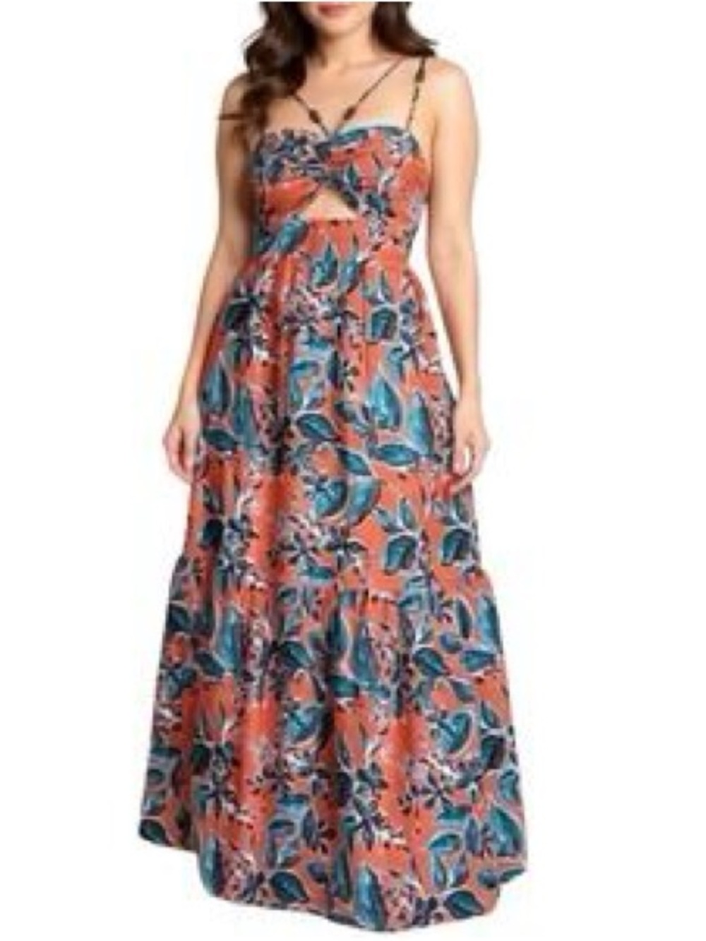 Jason Wu Coral Maxi Dress with Teal Leaf Print size M